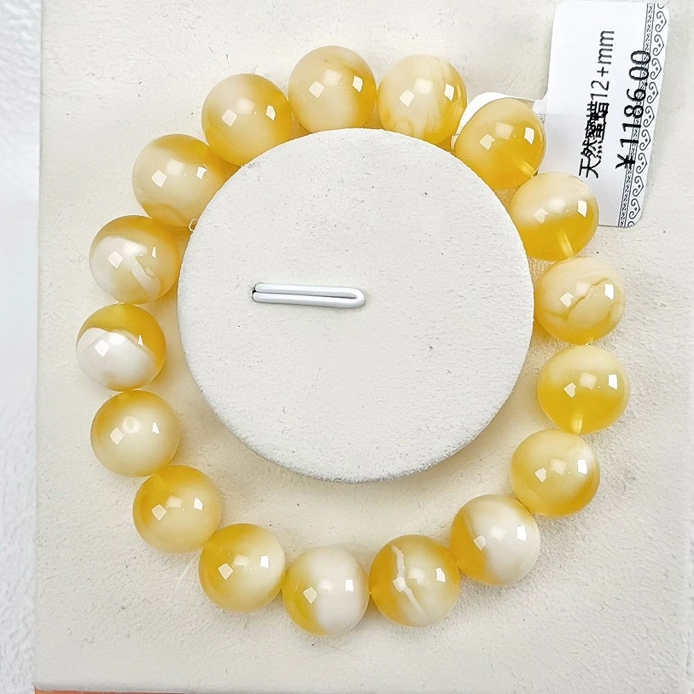 （金白12+mm）天然蜜蜡12+mm金白聚宝盆半山水手串单圈俄料经典