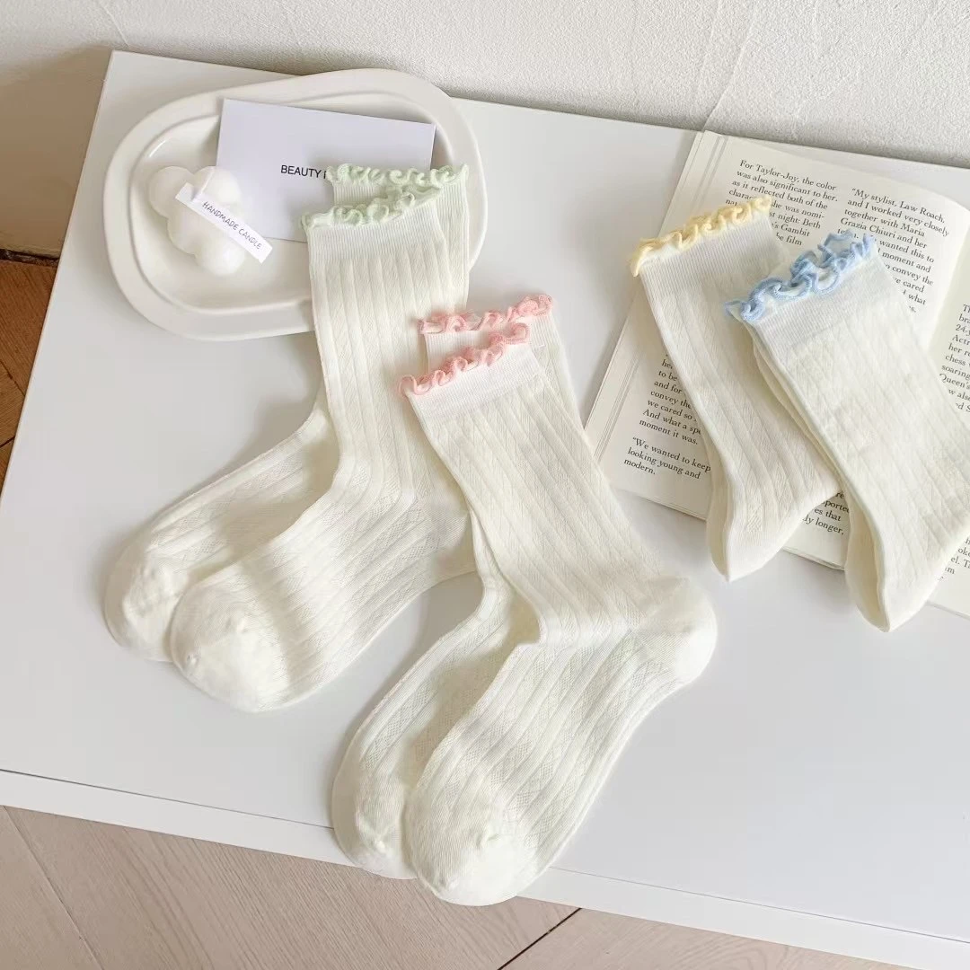 春夏季薄款堆堆袜花边女韩版中筒袜夏天拼色白色ins甜美