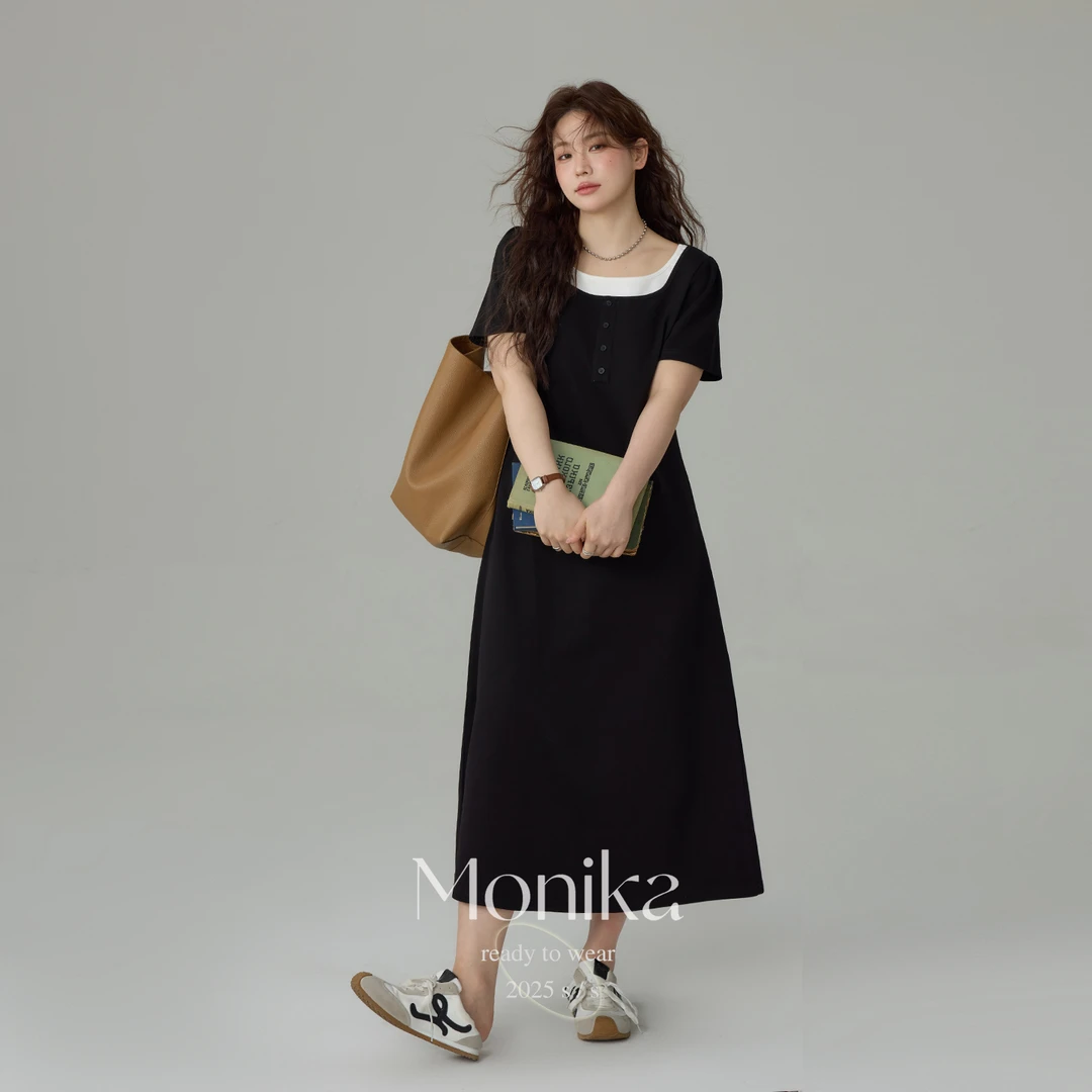 大码女装2025夏季新款胖mm显瘦方领短袖黑色假两件连衣裙75890