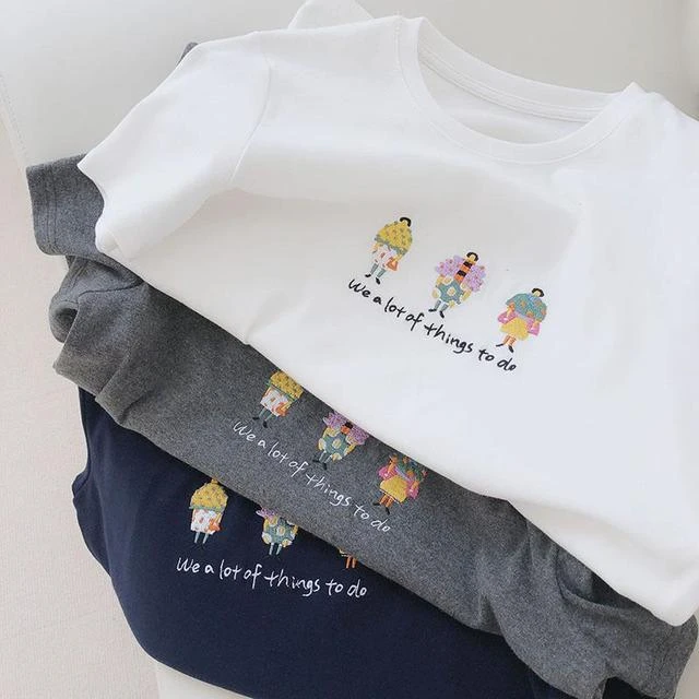 敲减龄！宽松显瘦圆领刺绣短袖T恤女春季磨毛棉学生打底衫上衣