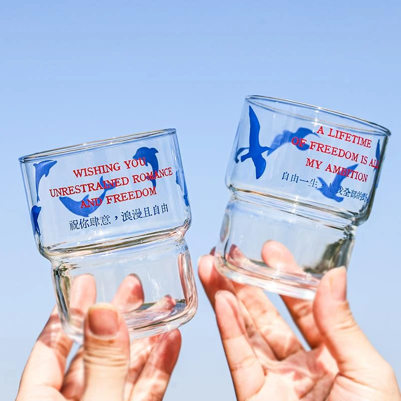 自由一生蓝色飞鸟玻璃水杯原创鲸鱼咖啡杯啤酒杯子早餐牛奶杯家用