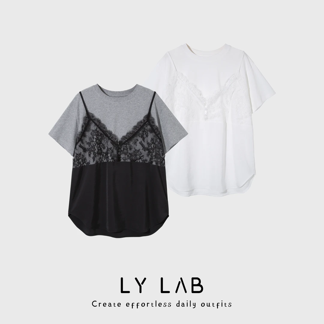 LY LAB 25SS春夏新款原创小众设计高级拼接蕾丝吊带半袖T恤73667