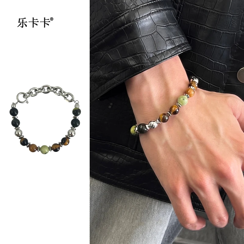 钛钢手链 虎眼石手串小众设计配饰潮ins新中式拼色串珠手链男复古