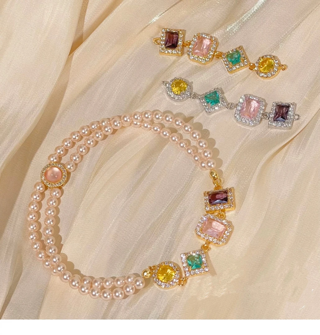 保色K金铜镀银复古法式甜酷风锆石手链项链吊坠手工diy配件