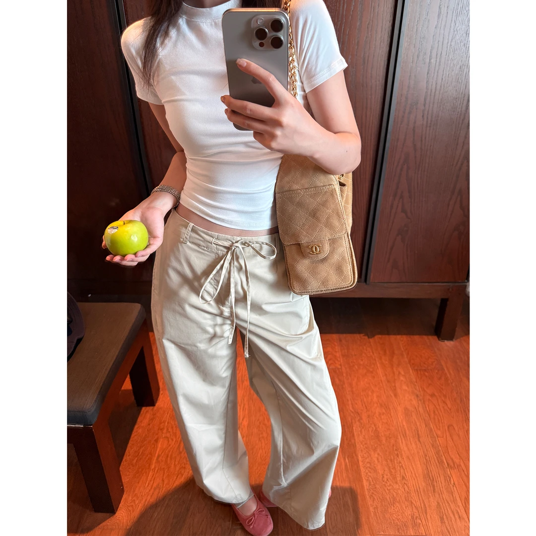 Multi Math香槟飞行裤/呼吸纯棉系带低腰休闲裤显瘦阔腿直筒长裤