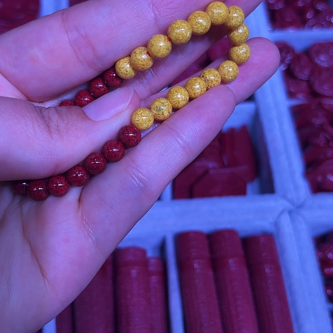 天然辰砂水飞红砂6m➕熊黄串一条手链
