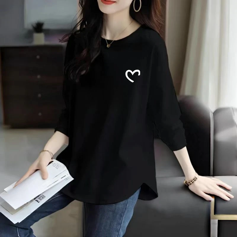 春秋长袖半弧形半圆型遮屁股中长款纯棉t恤印花字母打底衫上衣ins