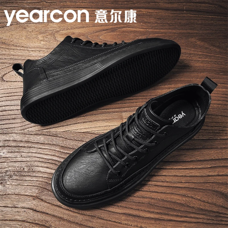 YEARCON/意尔康男鞋秋季新款黑色低帮休闲鞋百搭板鞋商务高端皮鞋