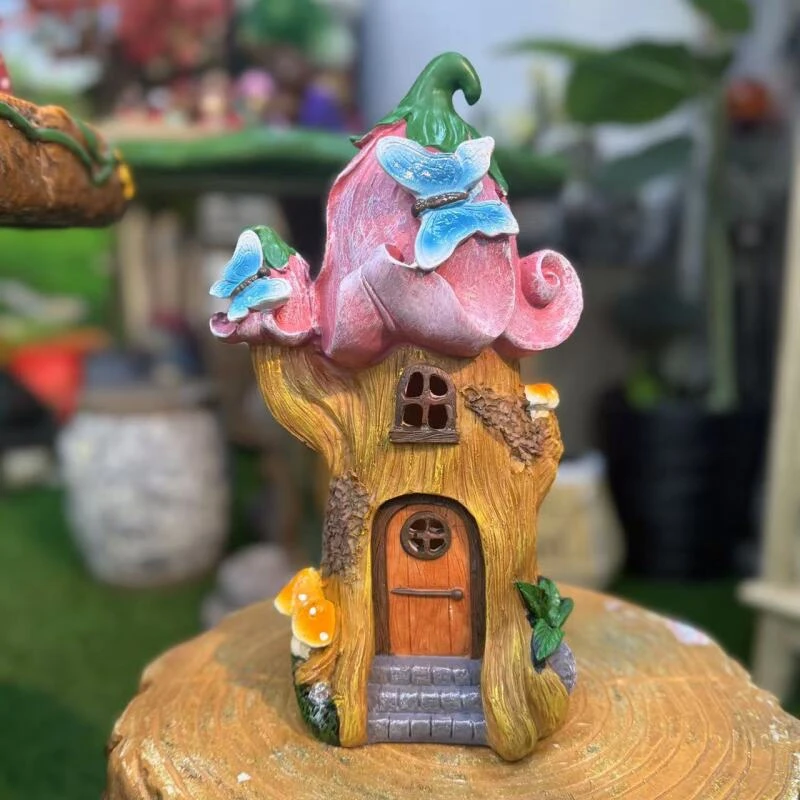粉色精灵树屋树脂太阳能发光照明灯小夜灯