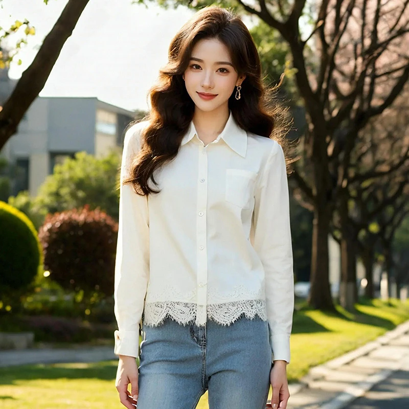 奢姿大码女装2025春季气质蕾丝花边时尚衬衫胖妹妹POLO领百搭上衣