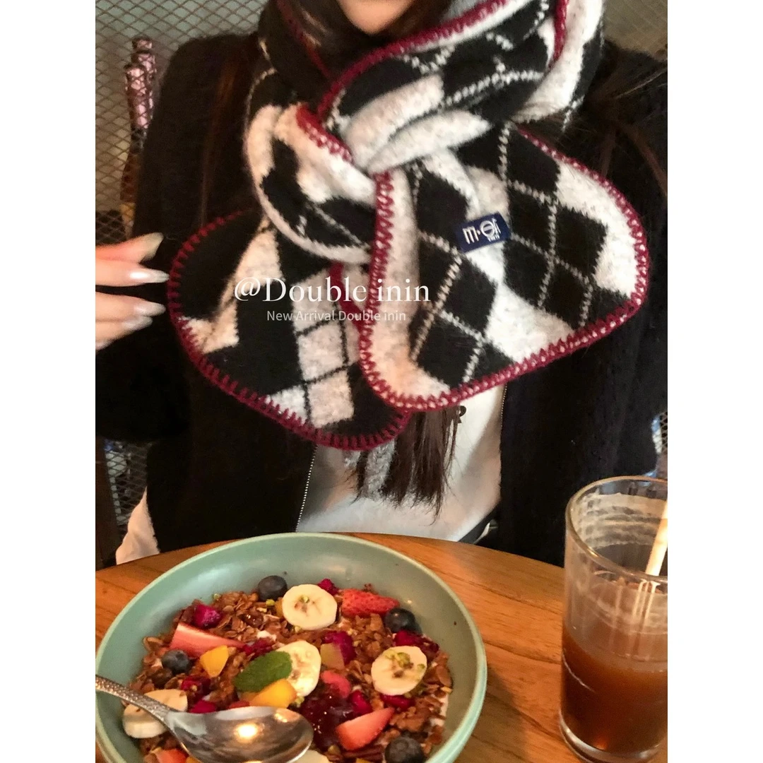 Double inin 氛围感韩系菱格针织围巾女秋冬加厚百搭围脖