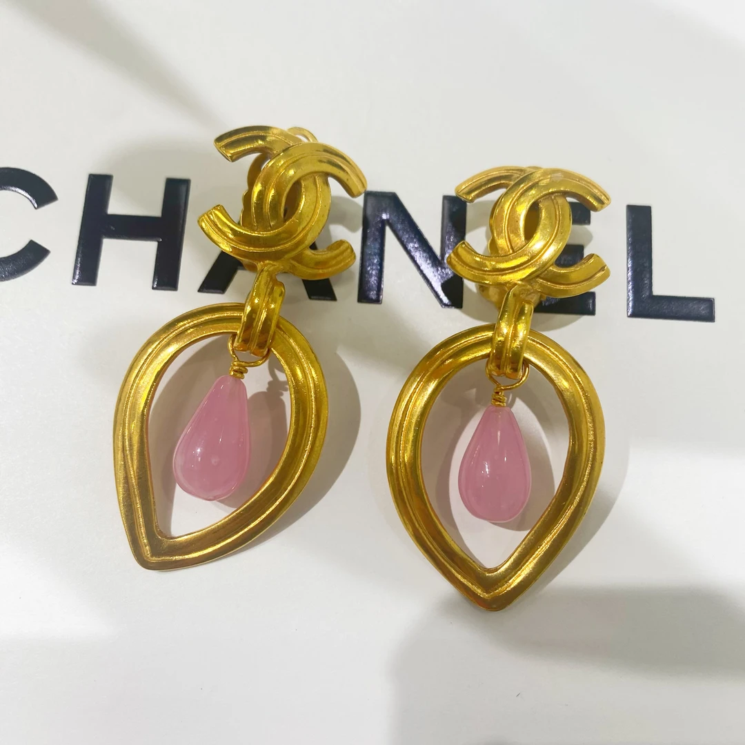 95新 Chanel/香奈儿 Chanel vintage香奈儿中古粉琉璃圈圈耳夹