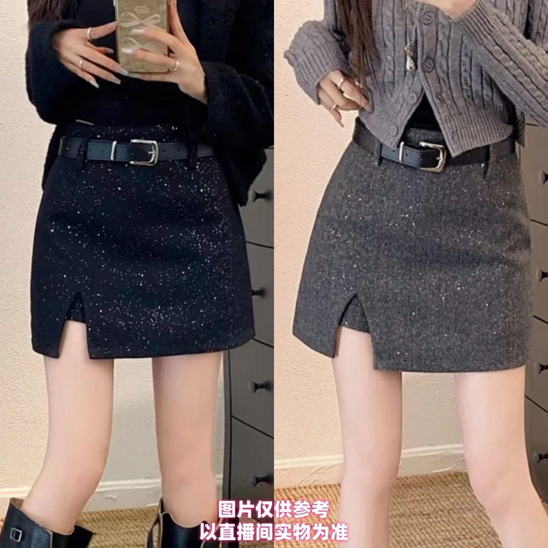溪溪**亮晶晶带腰带侧开叉短裙防走光设计感中高腰显瘦不规则
