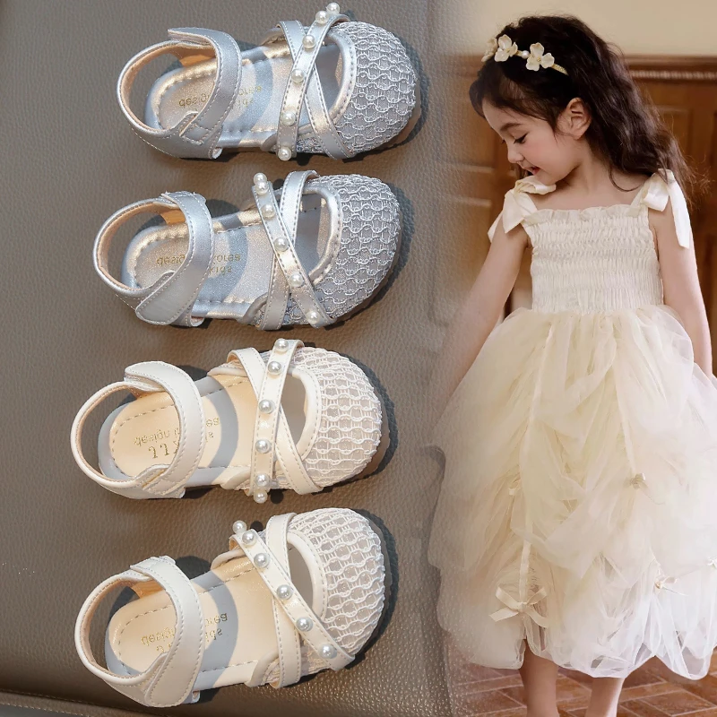 女童凉鞋2025夏季珍珠公主鞋女孩网纱镂空包头凉鞋儿童宝宝鞋Q126