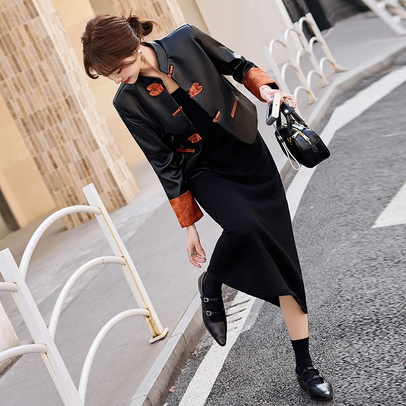 2025春秋季新款撞色拼接新中式国风时尚洋气盘扣洋气显瘦皮衣外套