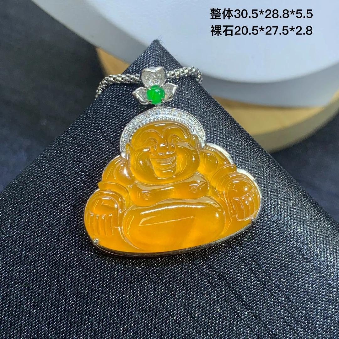 冰种起荧光黄翡佛公天然翡翠A货吊坠11.6/JM冰透完美色泽均匀