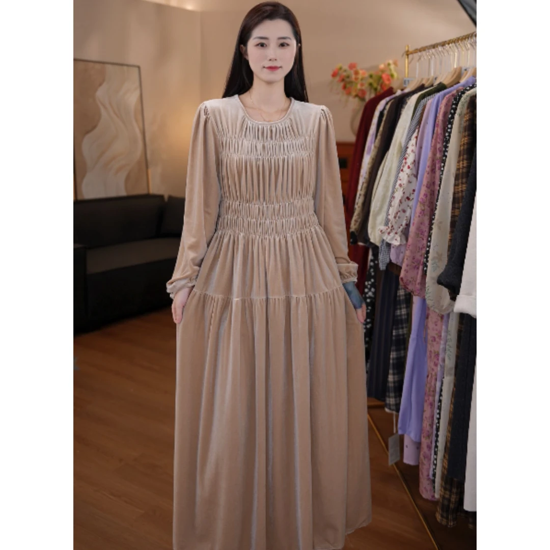 温柔甜美碎花长袖连衣裙秋冬时尚气质掐腰长裙法式别致裙子-E130