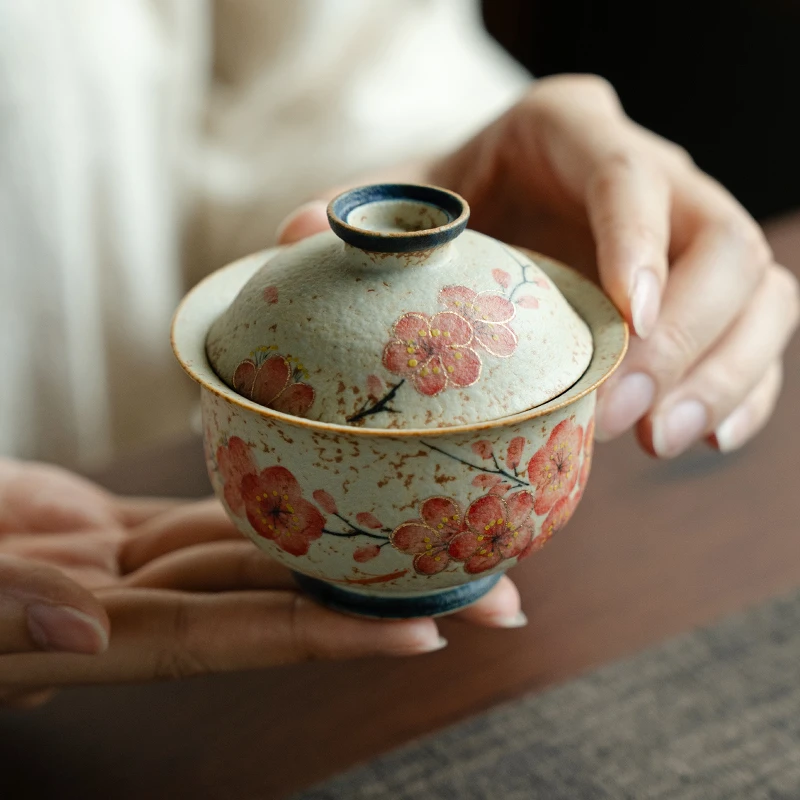 德白青花火石红二才盖碗家用纯手绘梅花复古陶瓷带盖茶碗功夫茶具