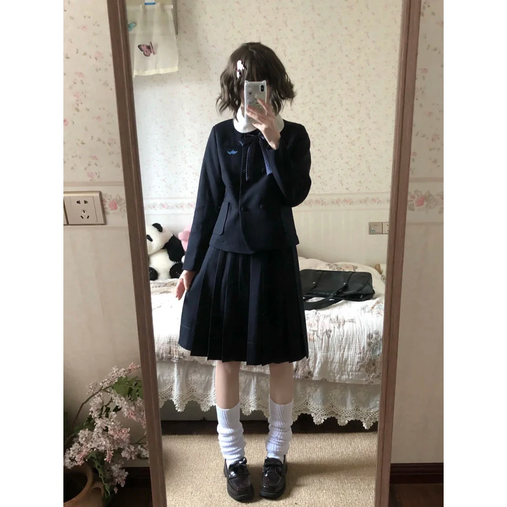 昭和少女 2025夏季新款学院风双排扣圆领假两件上衣+百褶裙两件套