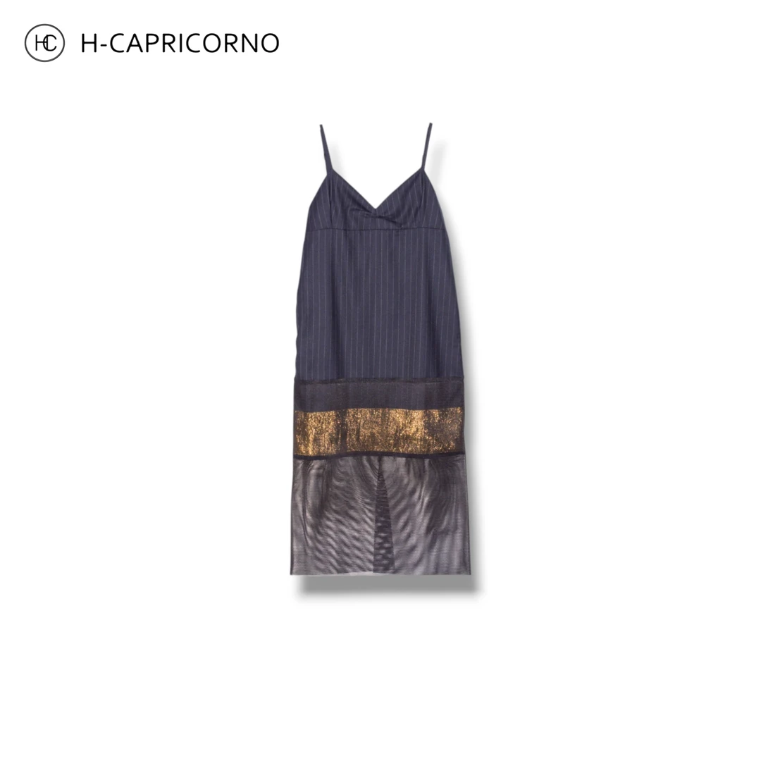 H-CAPRICORNO极简风拼接金属条网纱可调节吊带连衣裙