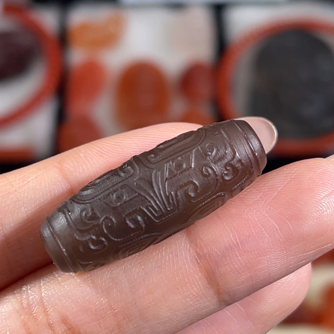 玛瑙/玉髓未镶嵌博古纹守护兽面勒子 30x11.2mm