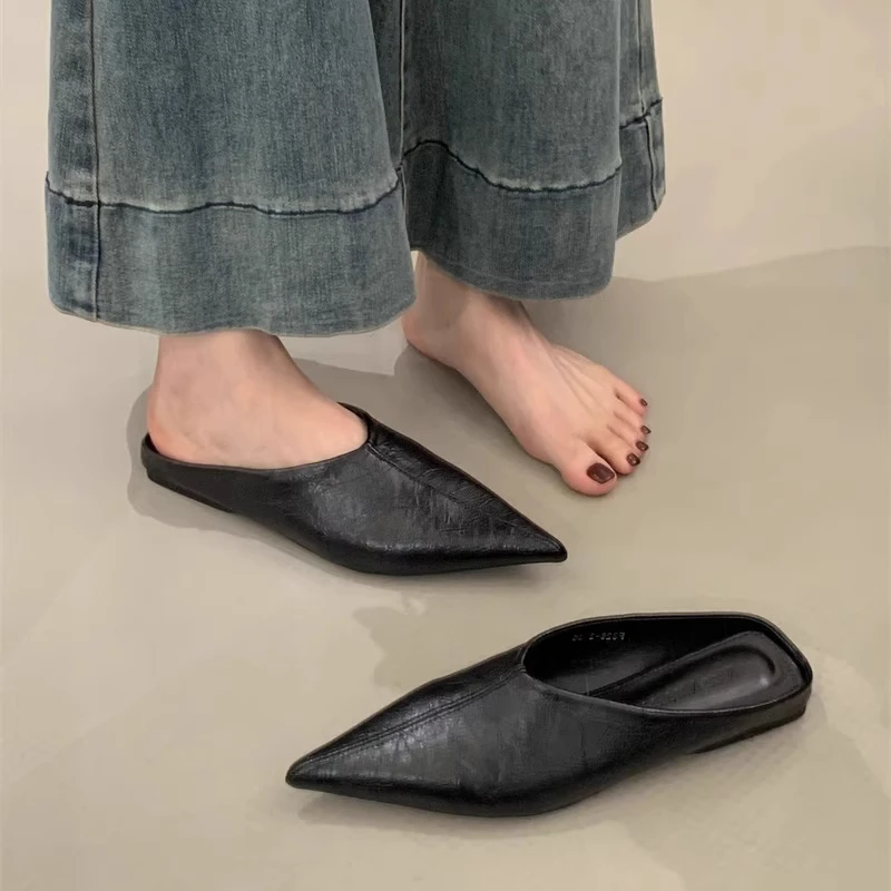 尖头复古包头拖鞋女外穿2025春夏银色懒人穆勒鞋低跟软皮半拖显瘦