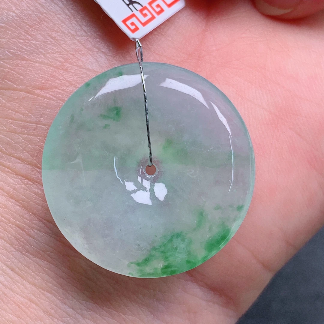 天然缅甸翡翠A货冰飘花平安扣气质精美尺寸27.5+5.6  342