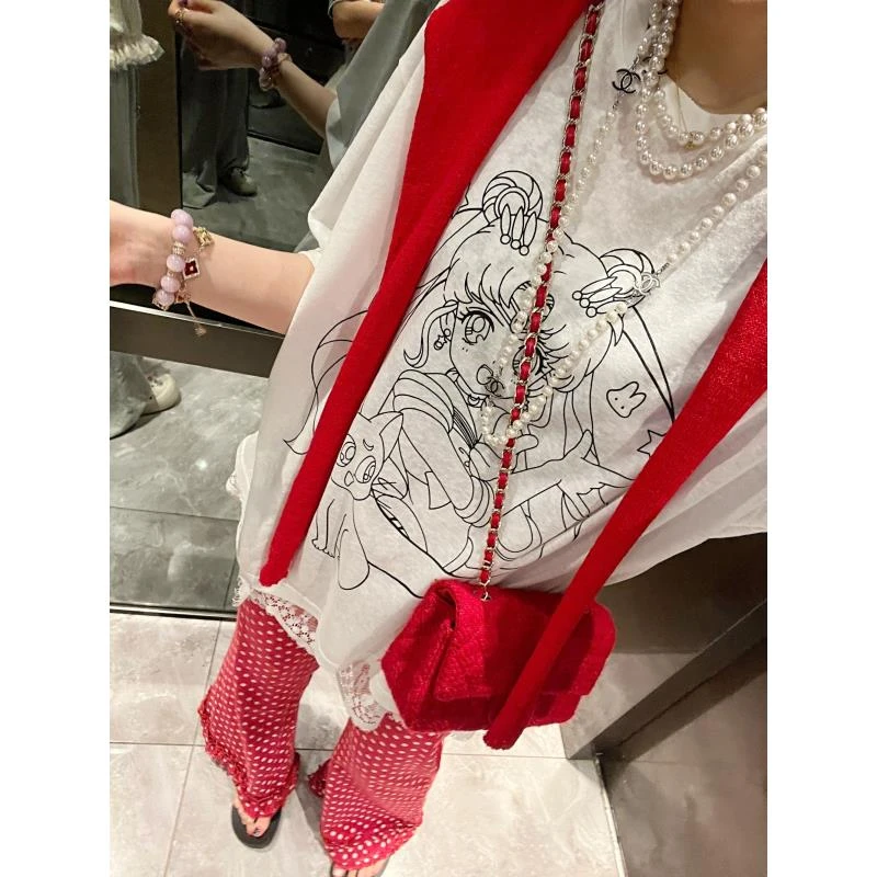 美少女战士/2025新款夏季雪花棉大版休闲百搭印花透气白色短袖