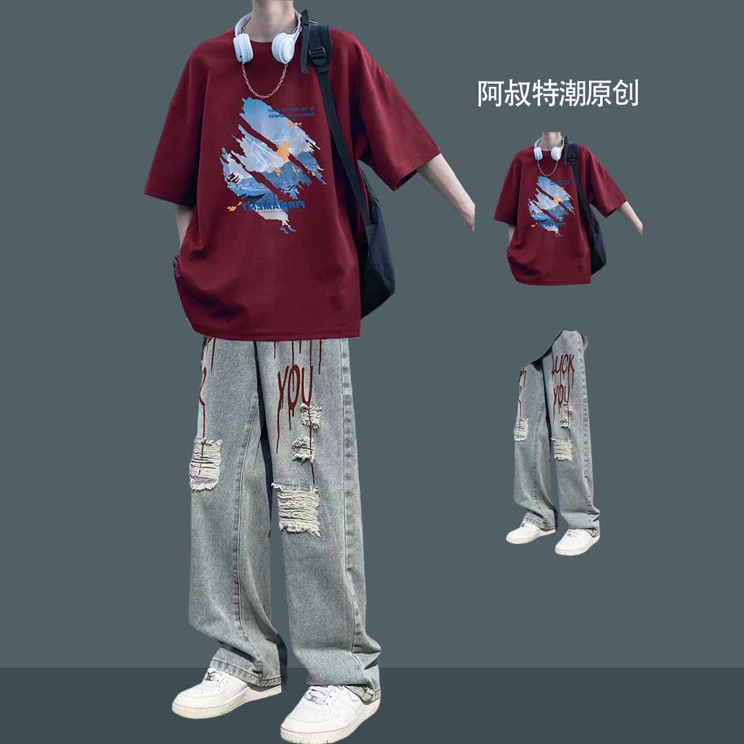 夏季学生青少年显高痞帅气套装重磅短袖T恤搭配牛仔裤时尚两件套