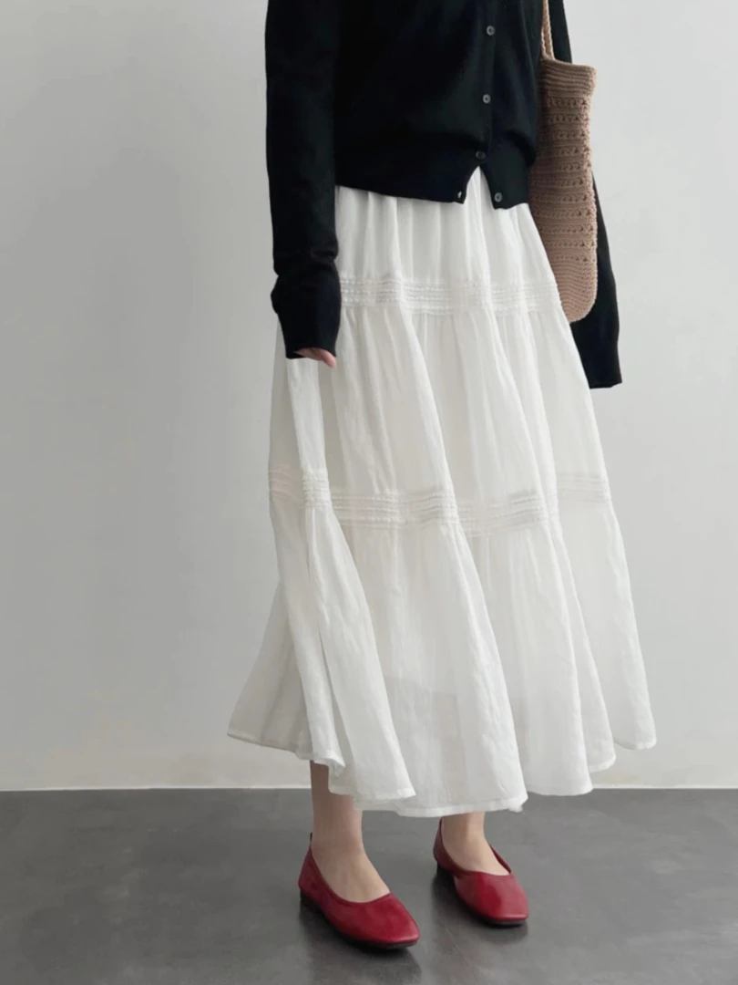 律动莫兰迪法式白色半身裙女春夏季森系温柔风a字蛋糕长裙子显瘦