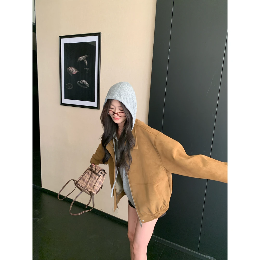洋气衣服女复古鹿皮绒夹克女长袖外套+连帽打底春秋气质小个子
