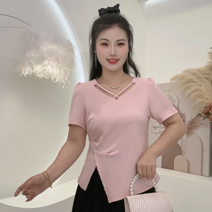 大码女装2025夏季新款设计感V领显瘦气质上衣收腰百搭时尚短袖