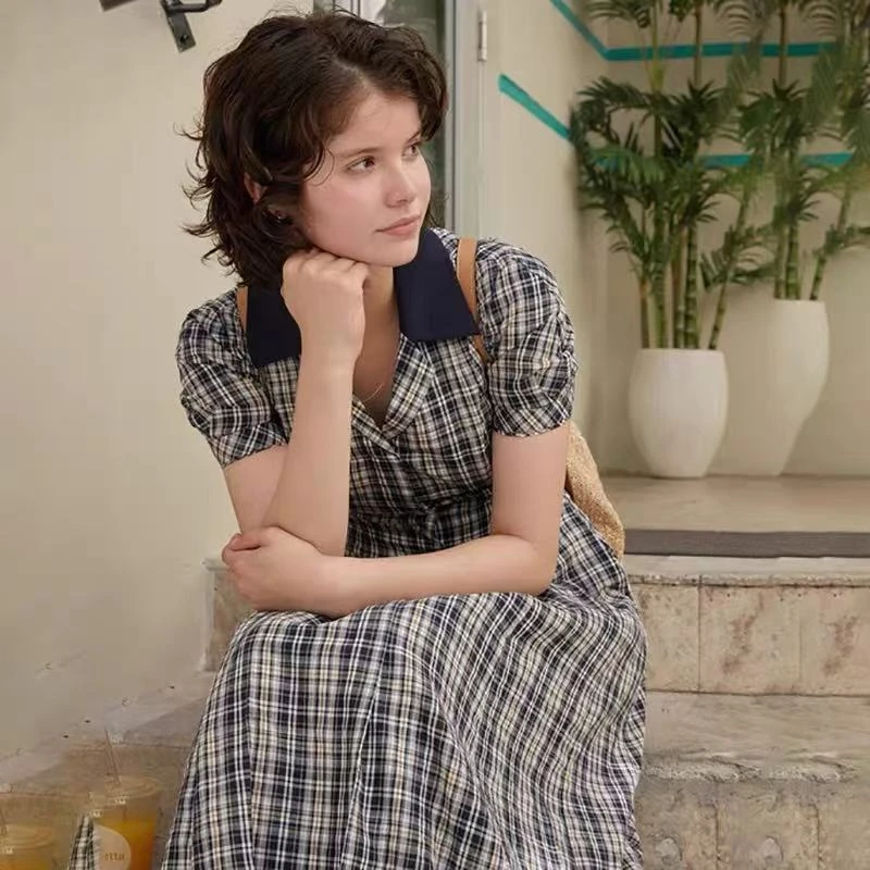 夏季泡泡袖气质裙子And you法式学院风100%棉格子连衣裙 SS251428