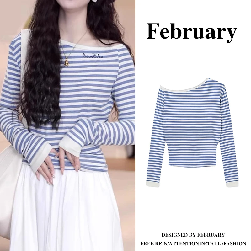大码设计感斜肩条纹长袖T恤女2025春季胖MM时尚洋气显瘦上衣5810