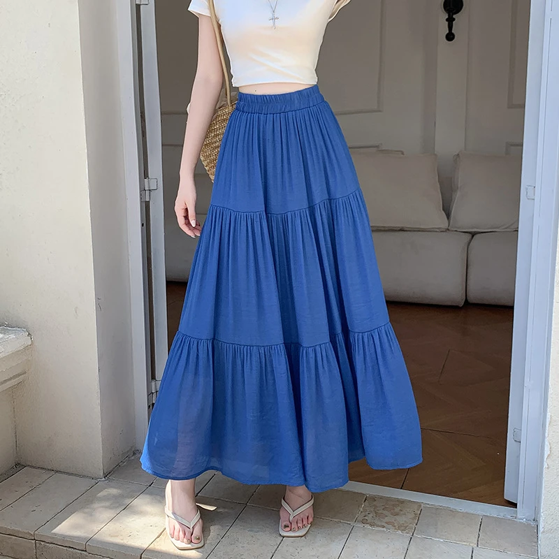 高腰百褶裙半身裙女夏2025新款麻料长款裙子A字裙半身长裙半裙