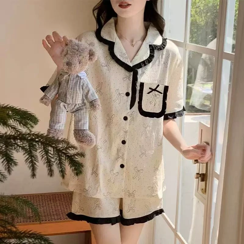 夏季新款蝴蝶结撞色短袖三件套睡衣女款2025爆款透气舒适套装2083