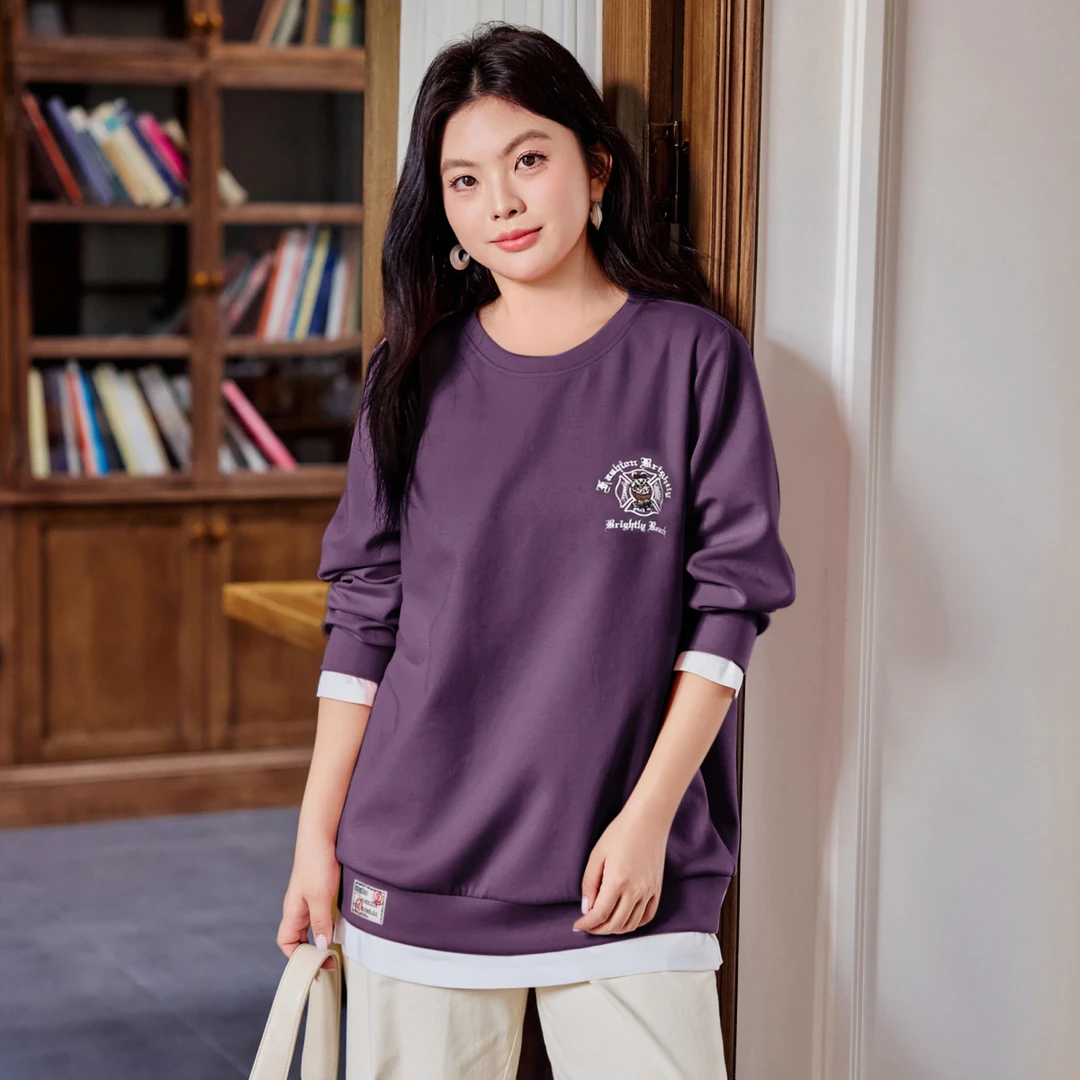 【现货-假两件刺绣卫衣】MsShe大码女装款秋季宽松中长上衣C2508048