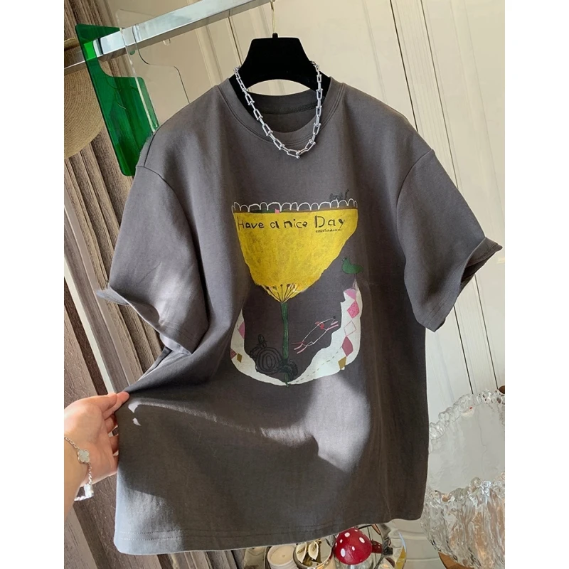 独特超好看洋气减龄印花短袖T恤打底衫宽松上衣女2025春夏新款