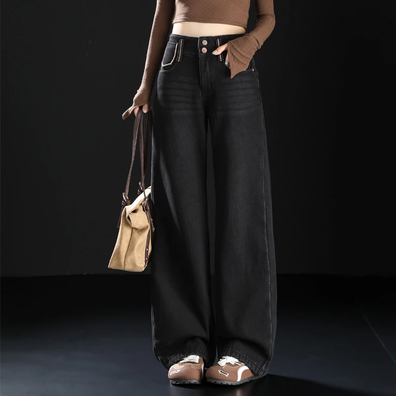 黑色高腰加绒牛仔裤女款爆款2025新款秋冬裤子加厚窄版直筒阔腿裤