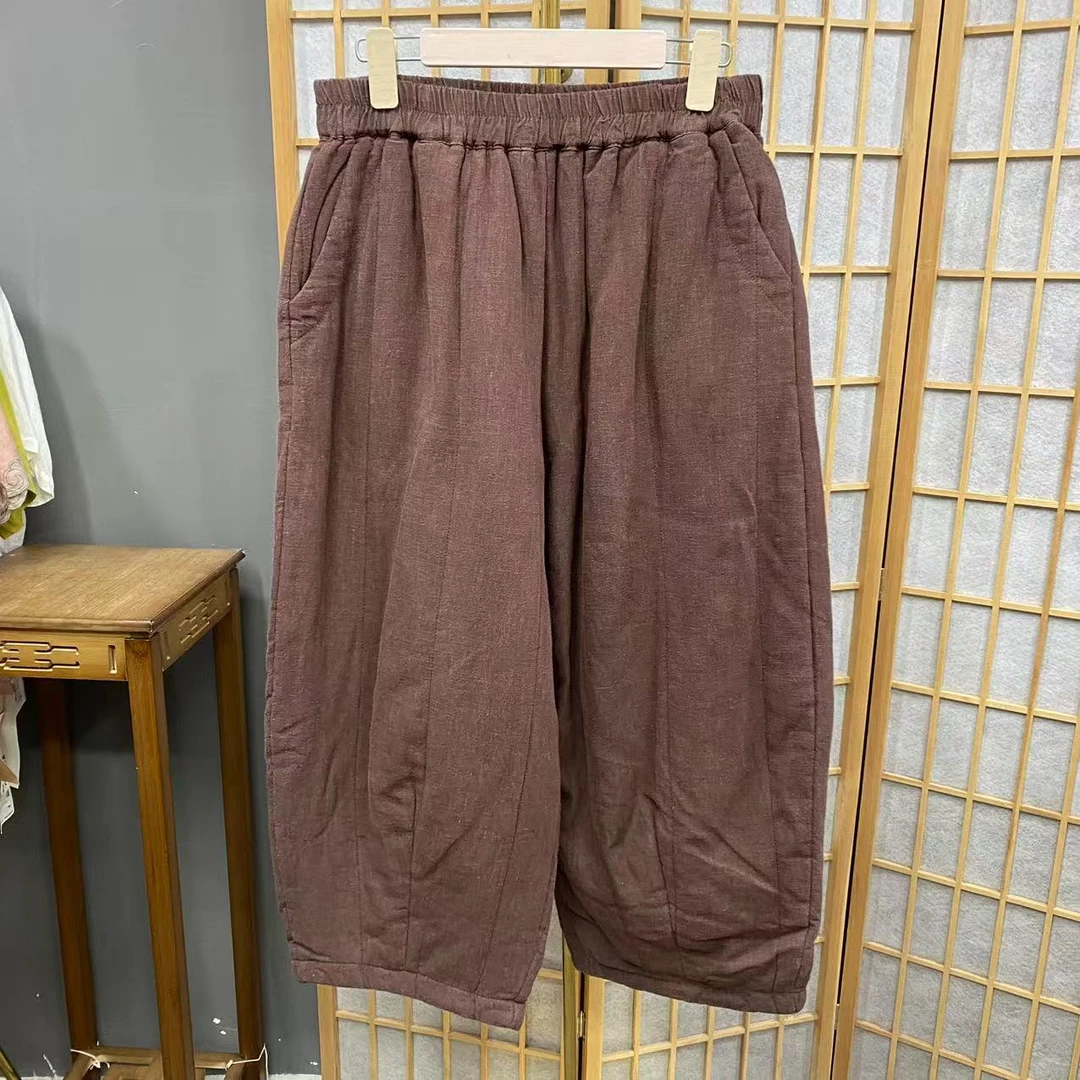 复古外穿中式百搭高腰女款休闲裤显瘦棉裤直筒纯色棉裤23096