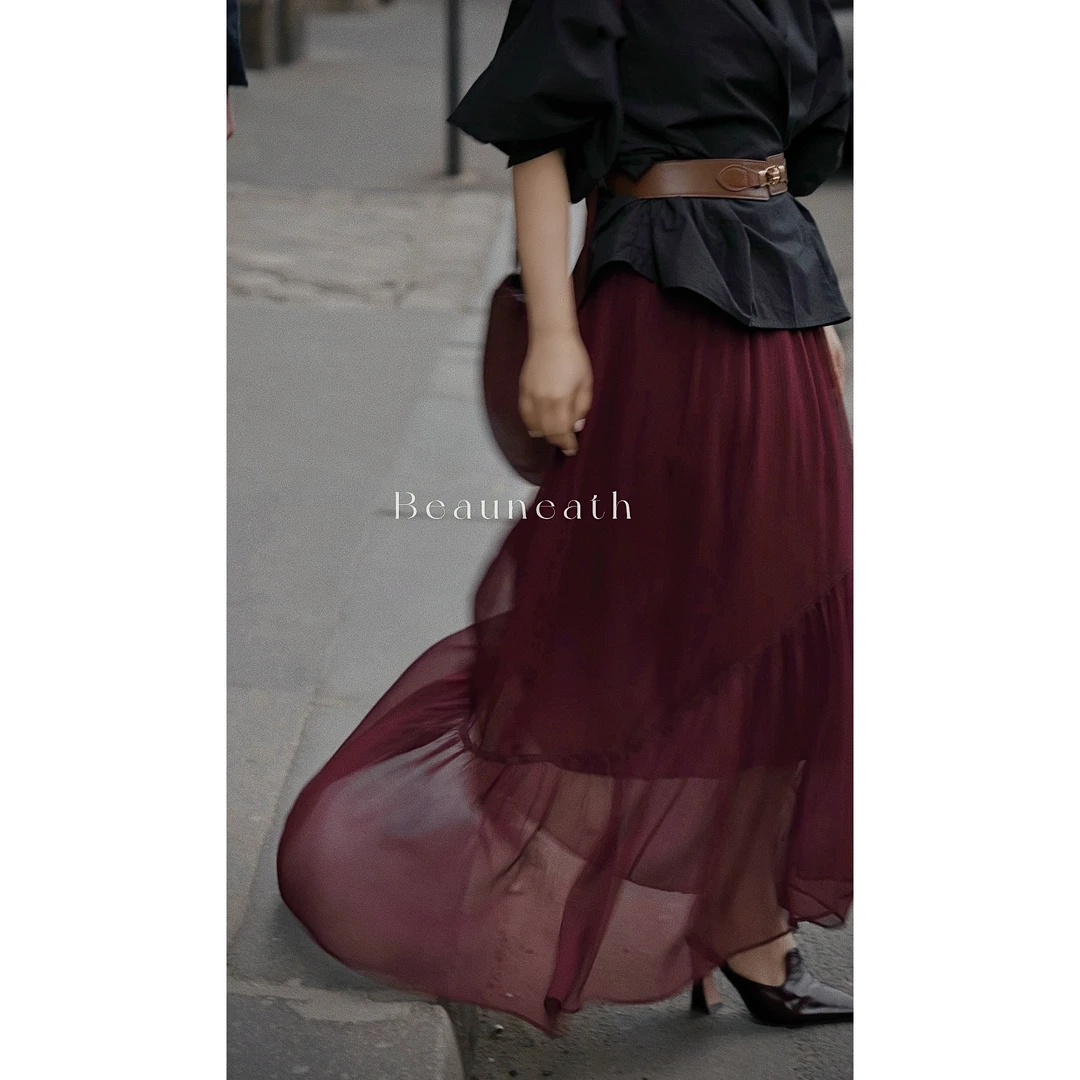 【半城烟沙】柔焦飘逸美雾彩色迷离感透视半身显瘦百搭长纱裙25春夏