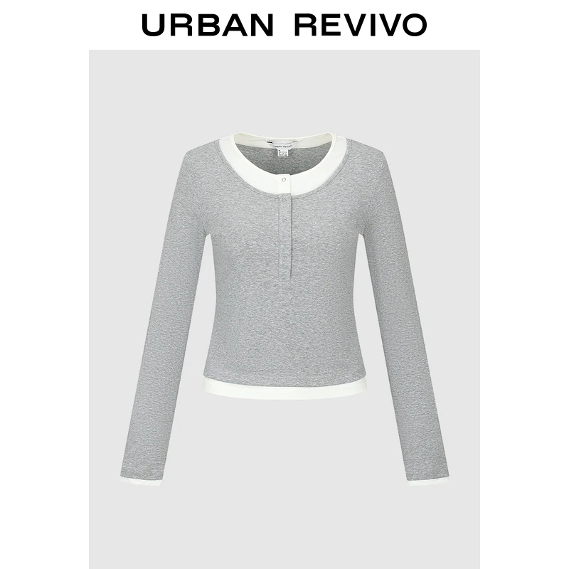 UR2025秋季新款女装休闲简约假两件圆领短款T恤UYL450268