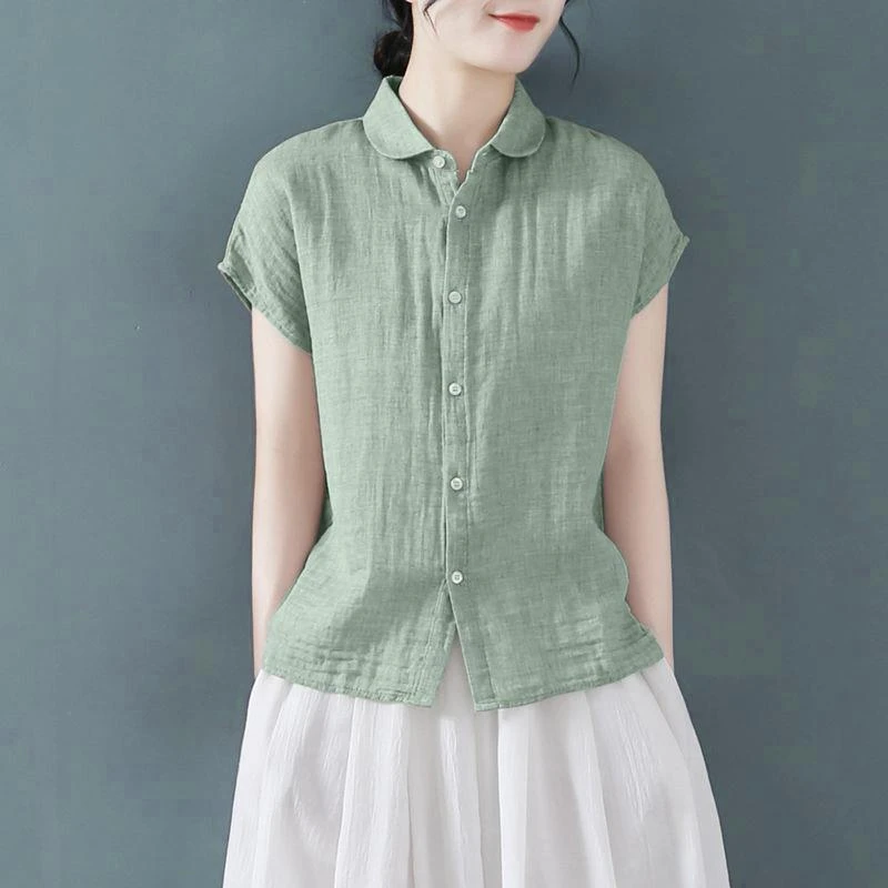 外贸出口剪标纯色亚麻短袖衬衫女夏气质休闲上衣宽松显瘦棉麻衬衣