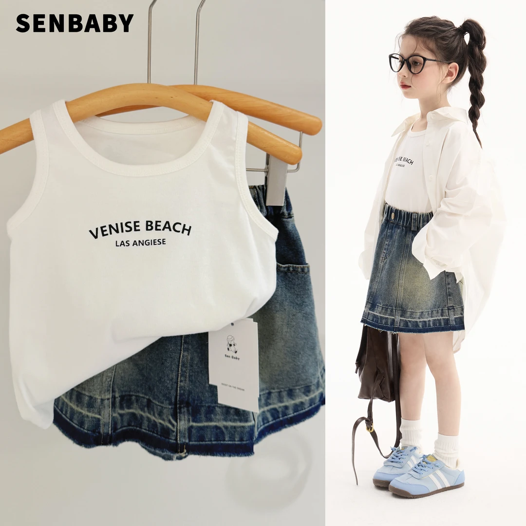 现货senbaby童装女童印花棉春夏韩版时尚百搭上衣服潮字母背心