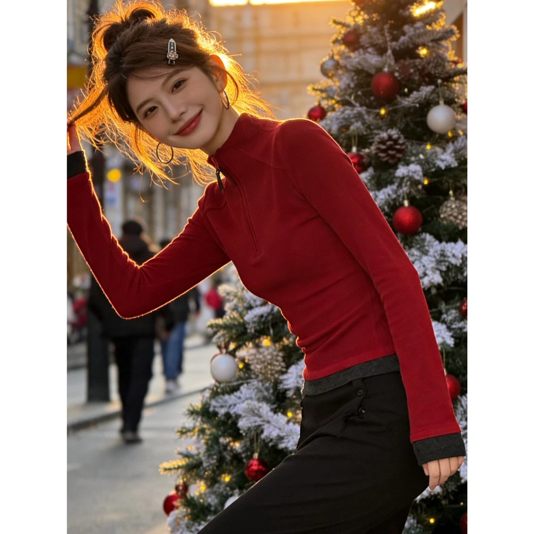 双面德绒半拉链立领长袖T恤女秋冬新款百搭洋气打底衫保暖上衣