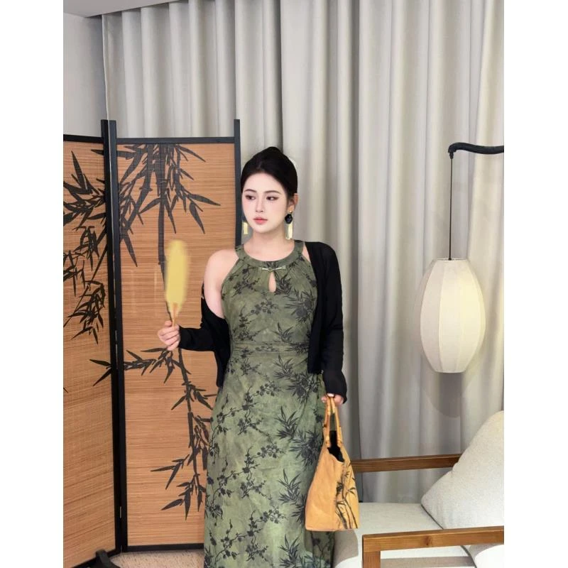 现货【HESHI】大码胖m夏季新款收腰新中式气质开衫网纱连衣裙05055D