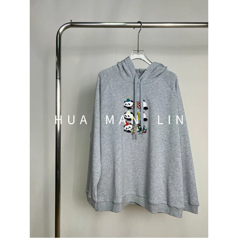 【花满林】'三只熊猫’连帽抽绳钉珠刺绣长袖卫衣上衣257540