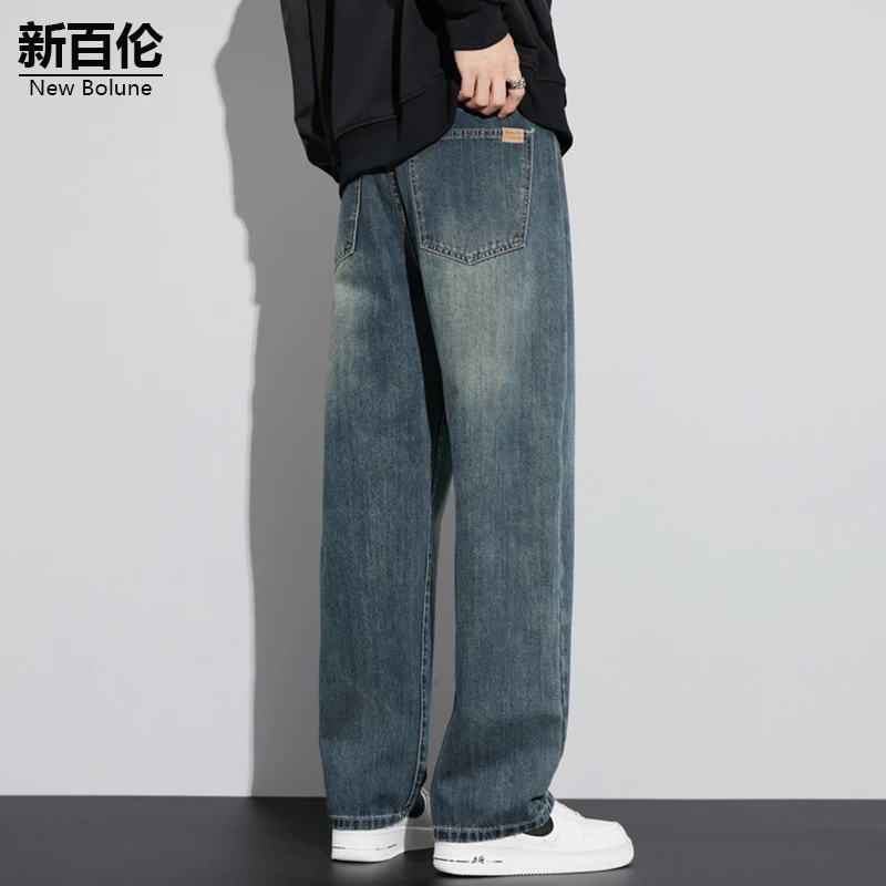 新百伦/NEW BOLUNE复古水洗牛仔裤男秋冬新款百搭加绒加厚直筒裤