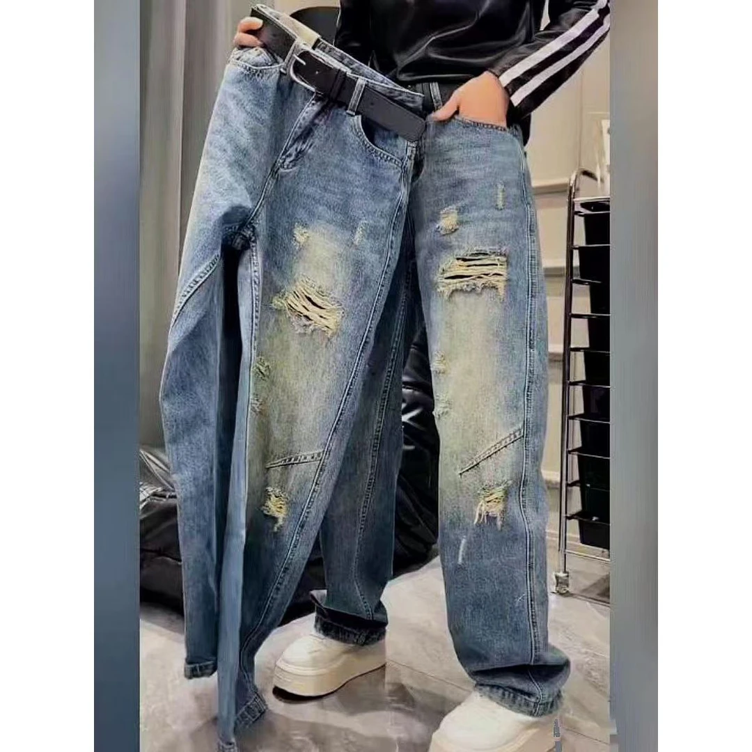 七格格推荐大码显瘦高弹春季新款捏褶假破洞老爹裤50030