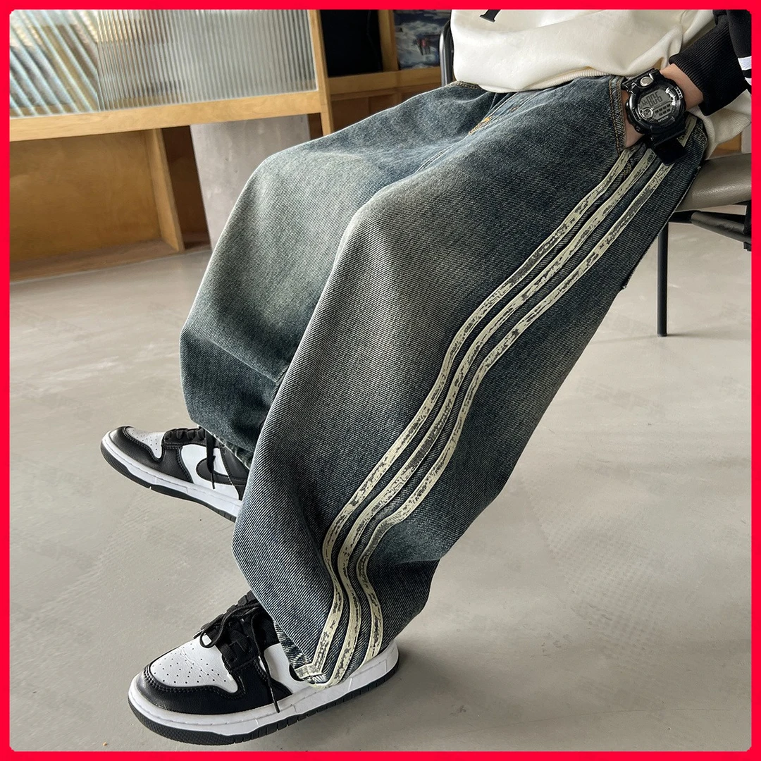 宽松潮流港风高街复古阔腿裤百搭儿童套装春季中大男童牛仔裤新童